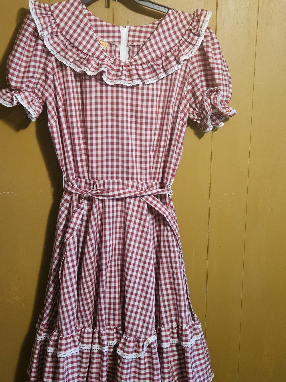 Classic Red Gingham Ruffle-Trim Vintage Westren SquareDancing Dress Womens Size